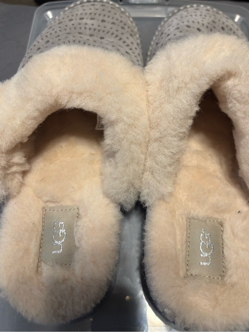 UGG Taupe Suede Slippers with Cream Shearling Cuff and Metallic Accents - Picture 3 of 3